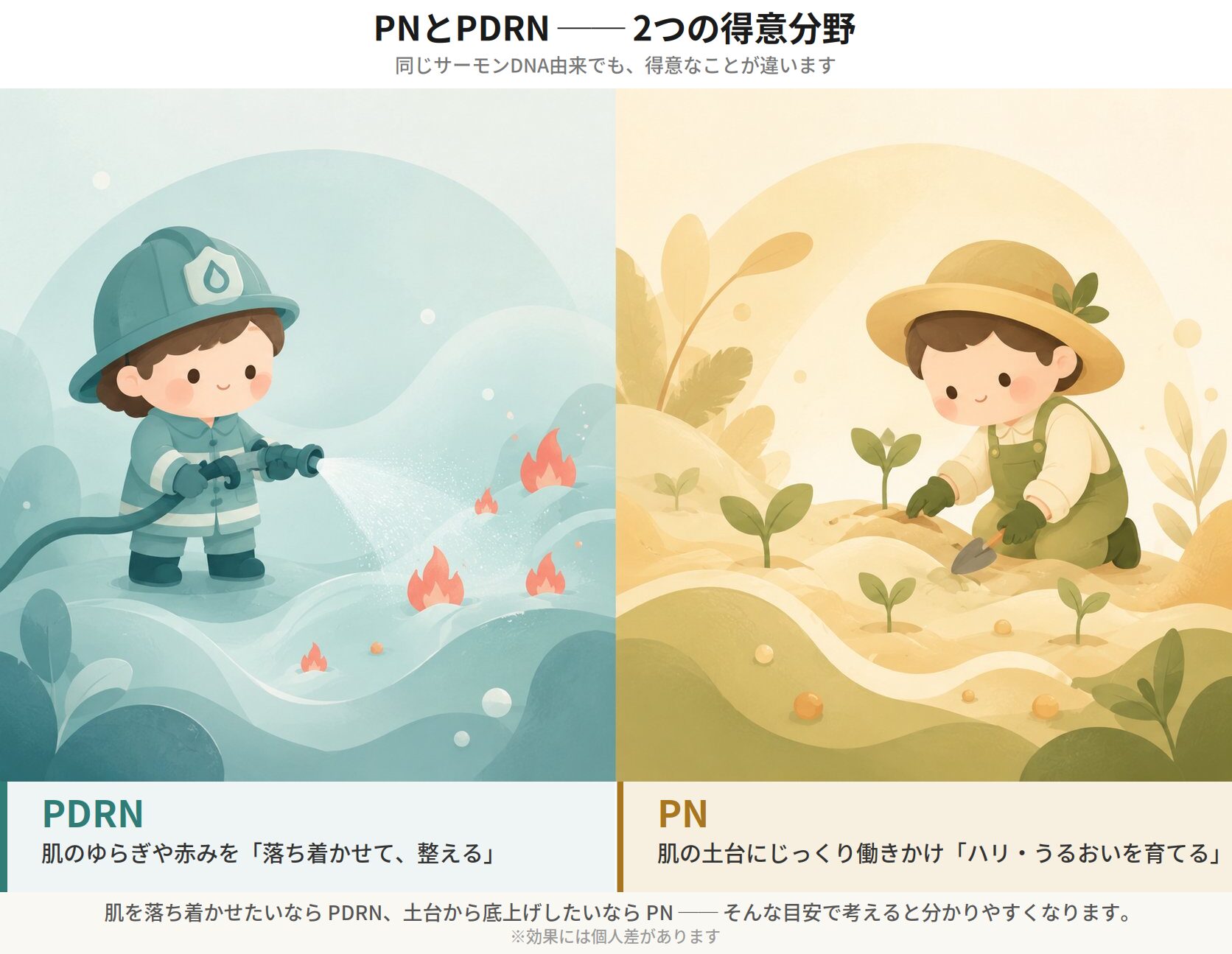 PDRNは肌のゆらぎを落ち着かせて整える、PNは肌の土台を育てる。2つの得意分野の違い